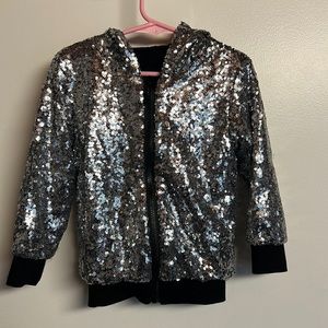 Silver Glitter Kids full zip up hoodie sweatshirt with Tshirt material lining.